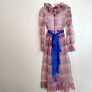 Vintage Lee Jordan New York sheer chiffon long sleeve belted maxi dress sz S